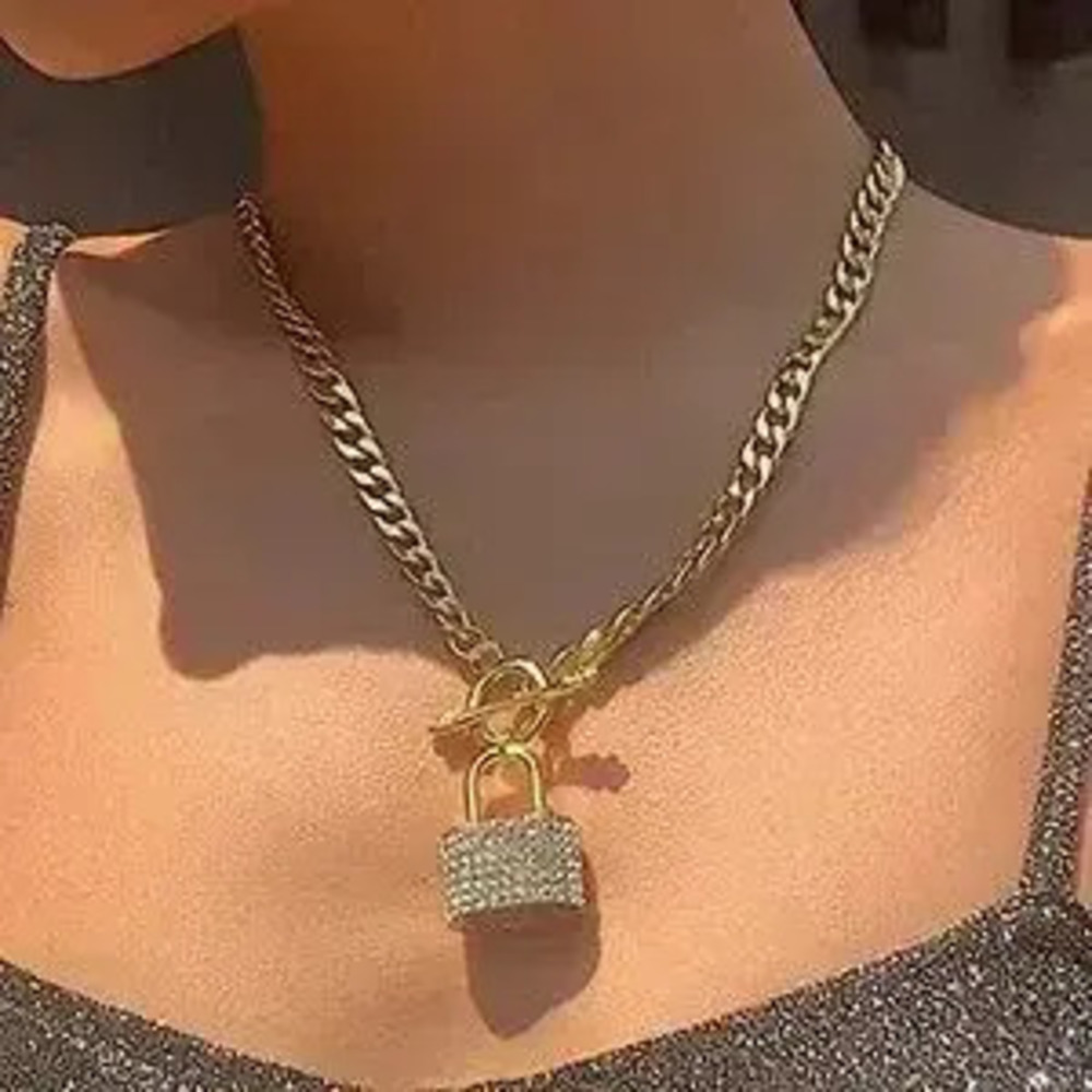 Gold Lock Rhinestone Chain Link Toggle Necklace - Picture 4 of 10